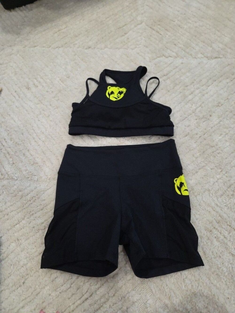 Women's Size S/M Black/yellow  Workout Racerback Bra Short Set 2pc Bear B22